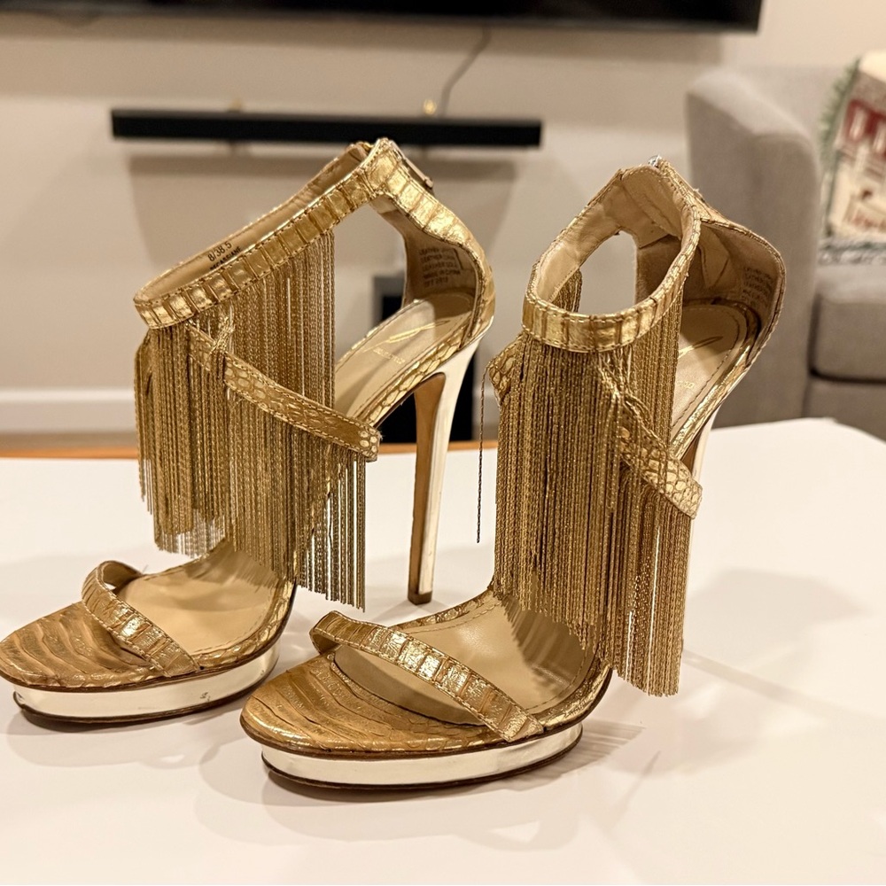 Brian Atwood Gold Fringe Stiletto Sandals